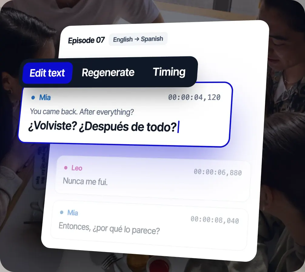 Rask-Zeilen-Editor für Episode 07, Englisch nach Spanisch: Eine Zeile von Mia wird bearbeitet, mit den Optionen Text bearbeiten, Neu generieren und Timing