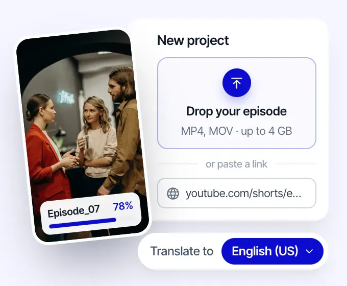 Neuer Projektbildschirm bei Rask: Eine Episode eines kurzen Dramas wird zu 78 % hochgeladen, Zielsprache ist Englisch (US)