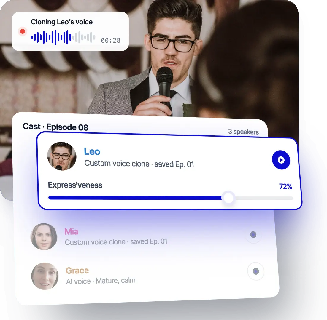 Leos Stimme in Rask klonen sowie die Besetzung von Episode 08: Leo und Mia mit benutzerdefinierten Stimmenklonen aus Episode 01, Grace mit einer KI-Stimme und einem Regler für die Ausdrucksstärke auf 72 %